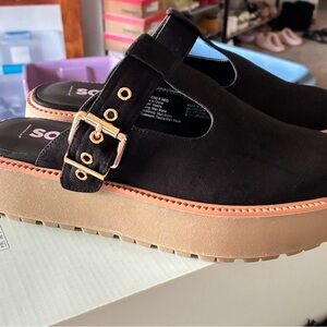 SO- Black Suede Platform Clogs with Gold Buckle